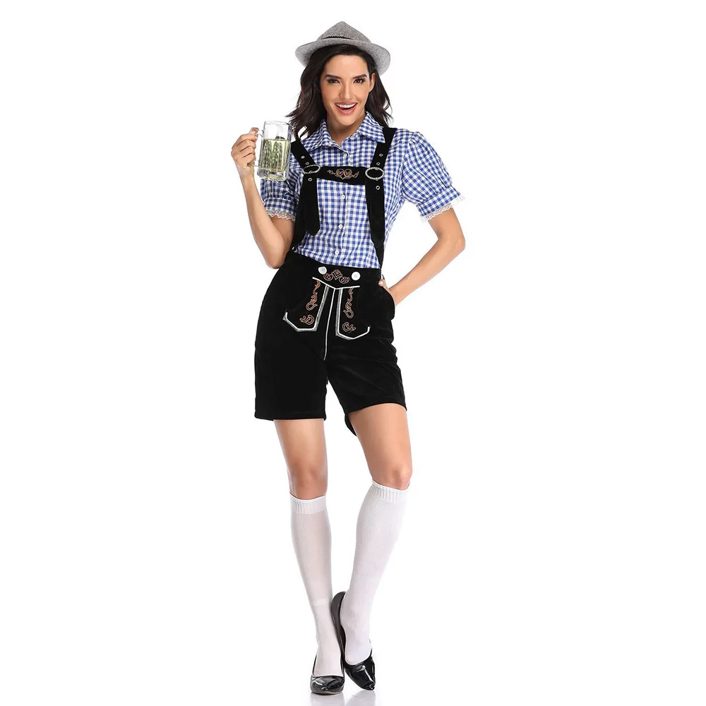 

Костюм Lederhosen для взрослых, 2 шт./компл., клетчатая рубашка и шорты, головной убор, праздничный женский косплей, костюмы для хэллоуивечерние НК...