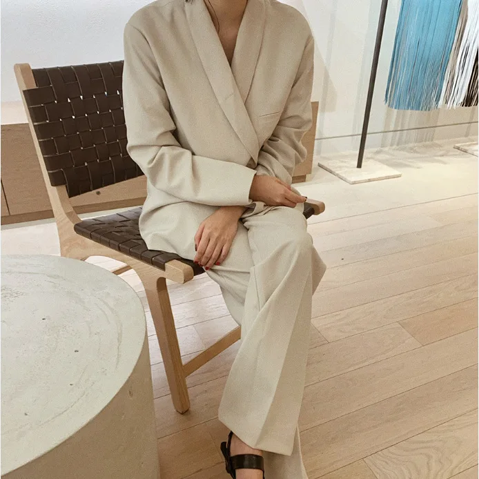 

Loose Women Blazer Sets Double-breasted Jacket & Wide Leg Pants 2021 New Fashion 2 Piece Pant Suits Female