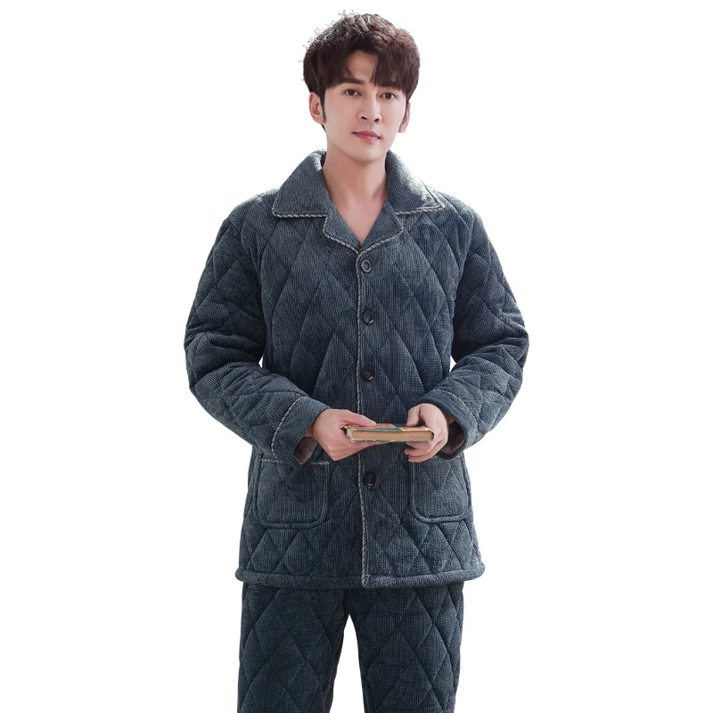 New Arrival Fashion Solid Quilted Pajama Sets Soft Men Sleepwear Winter Lounge Set Three Layer Coral Fleece Thick Quilted Jacket
