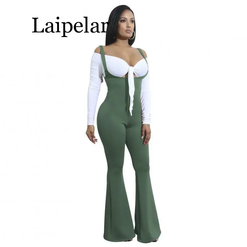 Solid Spaghetti Strap Rompers Womens Jumpsuit Backless Zipper Bodycon One Piece Overall Causal Hollow Out Bell Bottom Playsuit