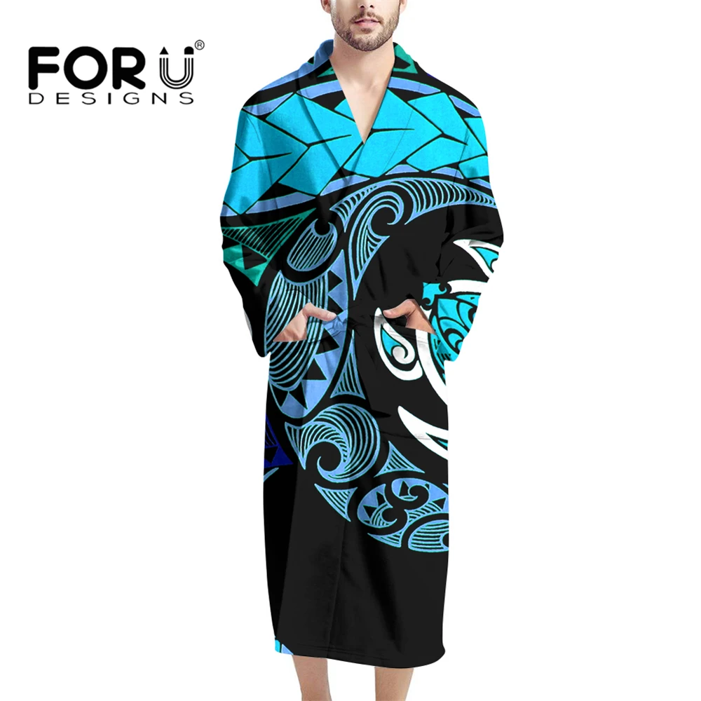 

FORUDESIGNS Samon Polynesian Sea Turtle Men's Blue V Neck Bathrobe Luxurious Male Shawl Collar Fleece Bathrobe Spa Robe Yukata