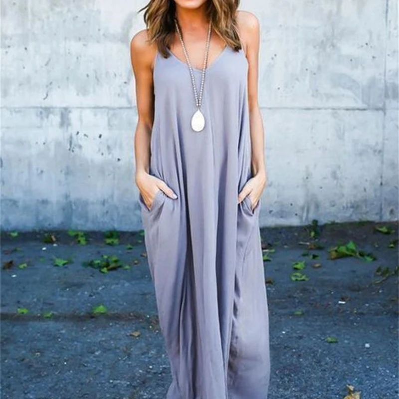 

Summer beach dress irregular sling round neck pocket women's dress