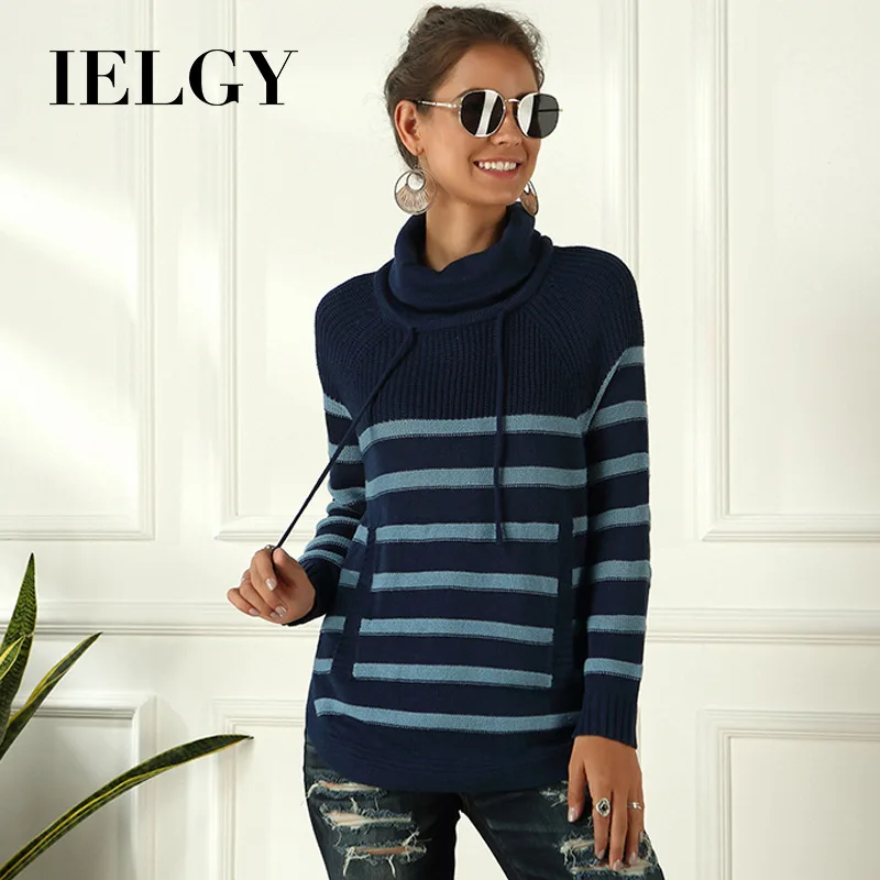 

IELGY European and American turtleneck women's autumn winter striped long-sleeved sweater women