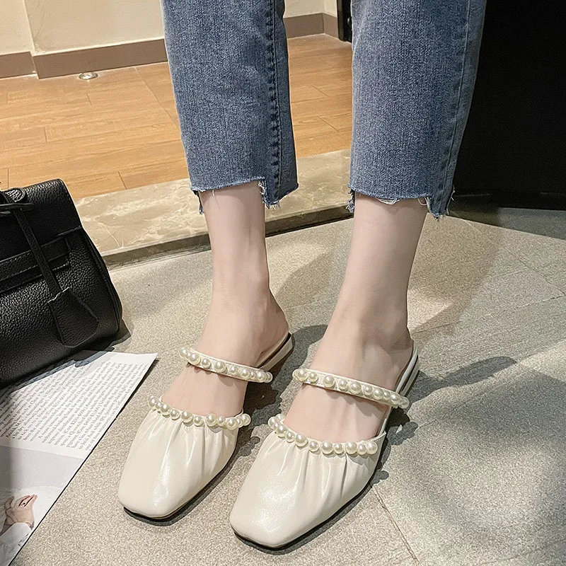 

2021 Summer Sale Of Women's Shoes Med Female Sandal Clear Heels Shallow Mouth New Low Medium Girls Closed Pearl Comfort Beige PU