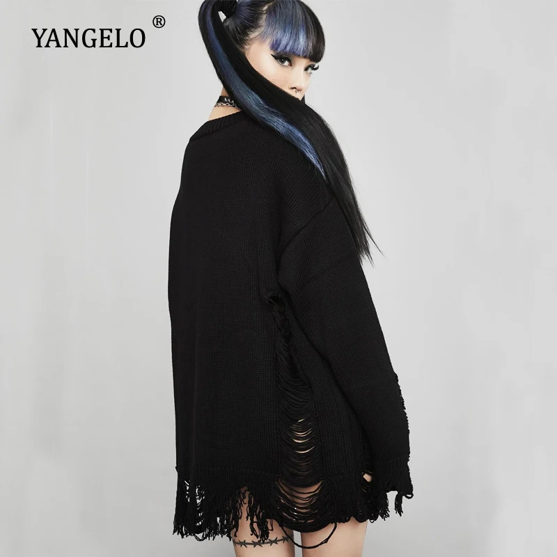 Yangelo Gothic Eternally Lifeless Distressed Sweater Women Autumn Winter Hole Long Sleeved Pullover Black Streetwear Female Top | Женская