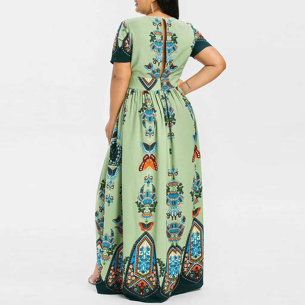 

Summer Maxi Dress 2020 Women Sexy V-Neck Short Sleeve Vintage Print Dress Plus Size High Split Long Dresses Vestidos De Verano