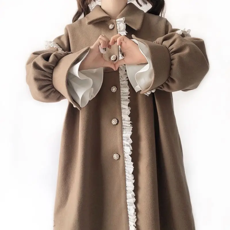 

2021 Autumn Winter New Cream Coat Girl Long Casual Thin Wool Coat