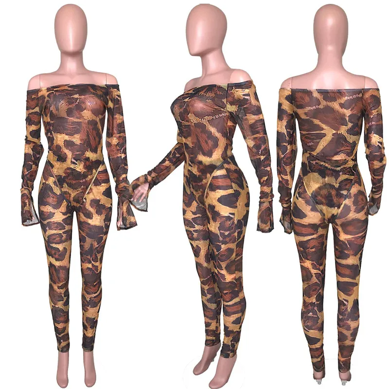 

Leopard Sexy 2 Two Piece Set Women Festival Clothing Long Flare Sleeve Bodycon Romper Bodysuit Top with Pants Night Club Outfits