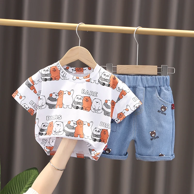 

Комплект одежды для маленьких мальчиков HYLKIDHUOSE, летняя детская футболка с коротким рукавом и шорты, пляжная одежда с мультяшным медведем дл...