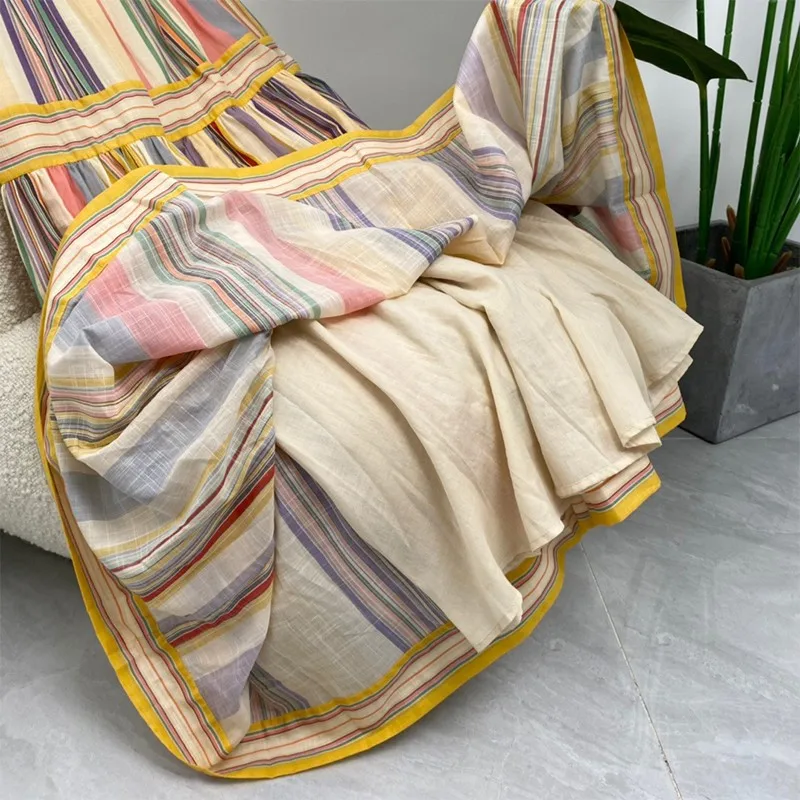 

2021 New Summer Women Fashion Colorful Stripped Ankel Length Skirts High Quality 100% Linen