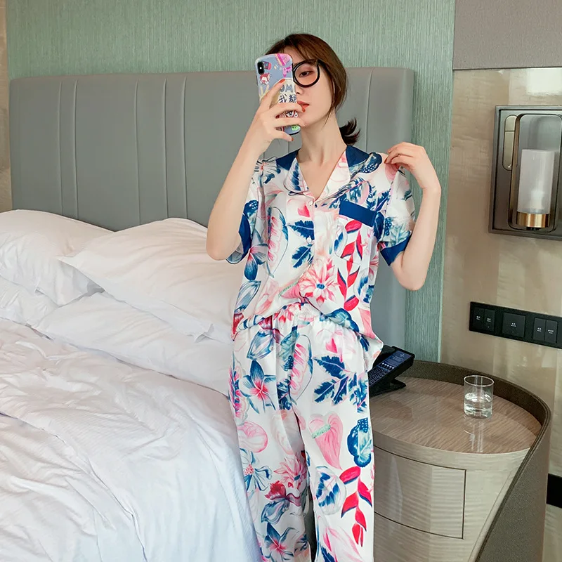 Атласная пижама с цветочным принтом женская коротким рукавом кардиган топ для