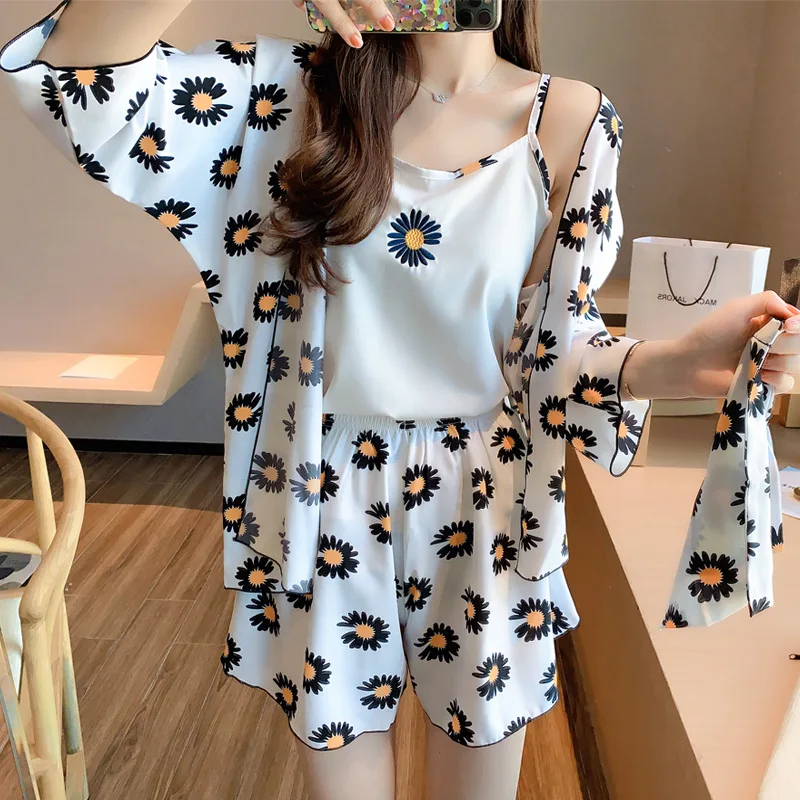 

Summer cartoon pajamas women summer thin chiffon stretch satin four-piece suit sexy suspender shorts