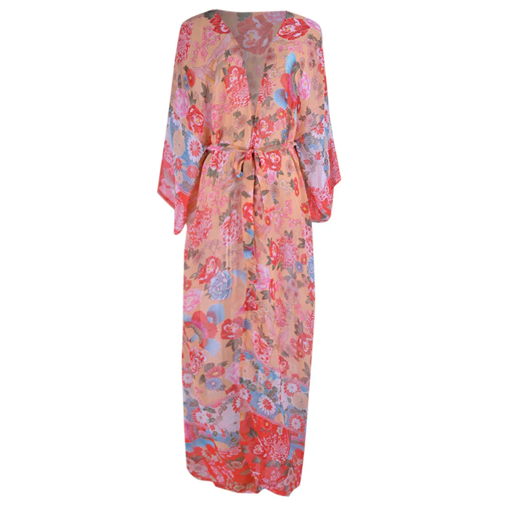 

Women's Chiffon Loose Swimsuit Beach Dress Cardigan Bikini Cover Up Boho Printing Long Sleeved Sun Suit Beachwear Bathing Suit