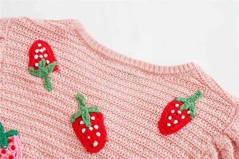 Women 2020 Sweet Fashion Strawberry Applique Knitted Sweater Vintage O Neck Puff Sleeve Female Pullovers Chic Tops | Женская одежда