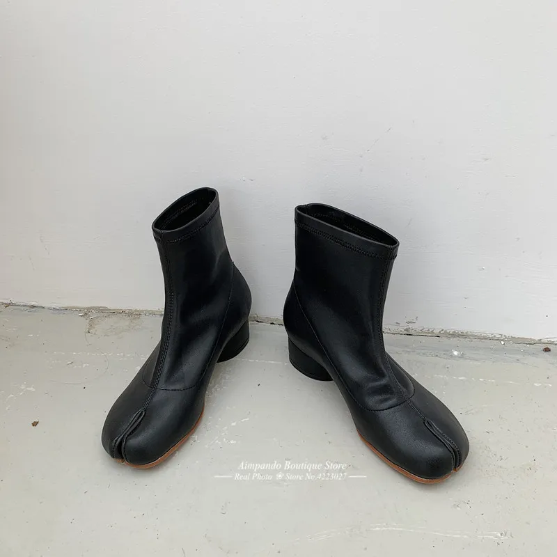 New Autumn Stretch Ankle Boots Novelty Split Toe Boots Women Cozy Round Heel Genuine Leather Riding Booties Fashion Short Botas