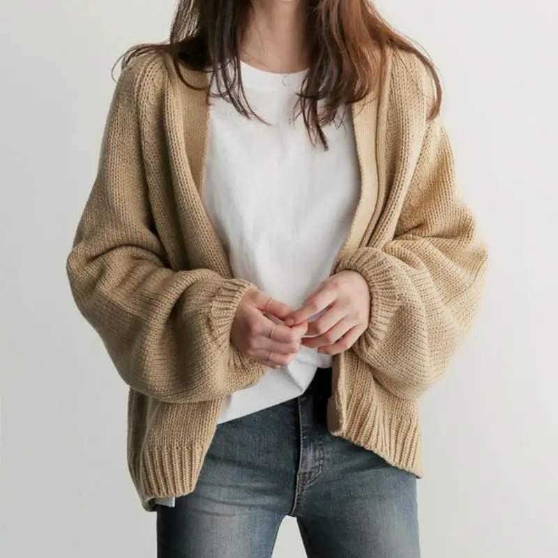 Womens Long Puff Sleeves Open Front Cardigan Tops Crochet Knitted Solid Color Short Sweater Coat Lounge Casual Loose Outwea |
