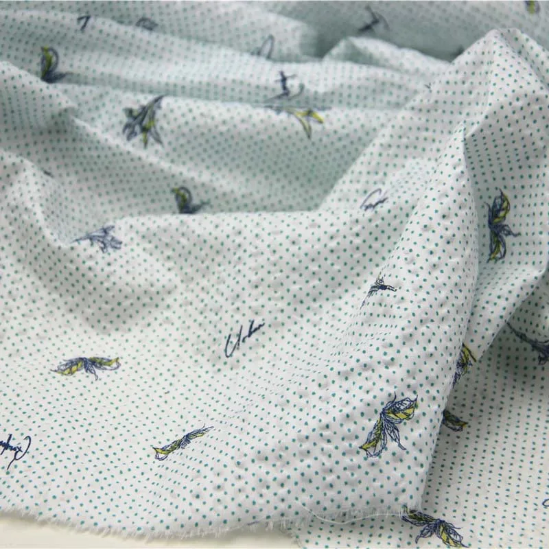

100% Combed Cotton Salt Shrinkage Seersucher WHITE BLUE GREEN Polka Dot Flower Fabric for Summer Clothes Blouse Dress Craft