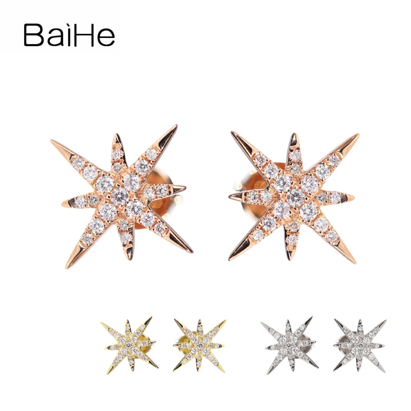 BAIHE Solid 14K розового/белого/желтое золото 0.14ct натуральный со стразами Модные