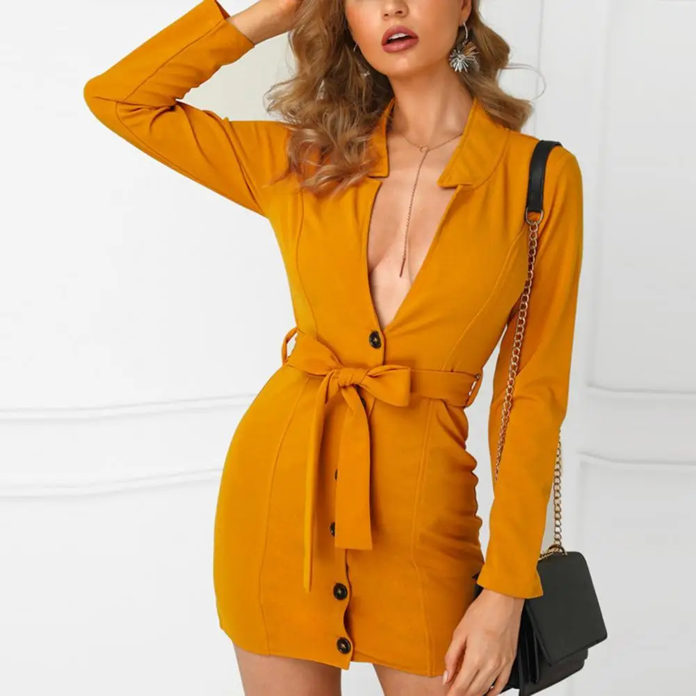 

Облегающее однотонное женское платье с глубоким V-образным вырезом, женское облегающее мини-платье с длинным рукавом и поясом на пуговицах, ...
