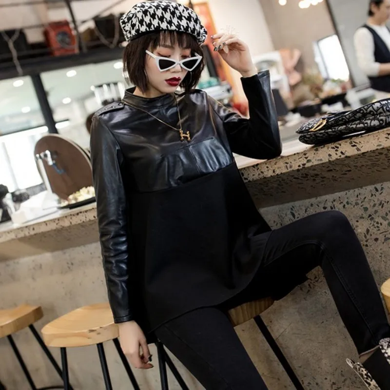 

Autumn new leisure shorts leather leather coat Long Sleeve collar roll height relaxed asymmetric coat