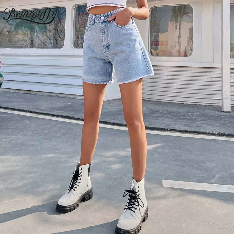 

Benuynffy Solid Zipper Fly Raw Hem Denim Shorts Women 2021 Summer Fashion High Waist Casual Straight Leg Jean Shorts Woman New