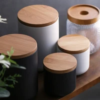 nordic style ceramic kitchen storage bottle jar with sealed wood lid kitchen food coarse cereals candy coffee bean tea container