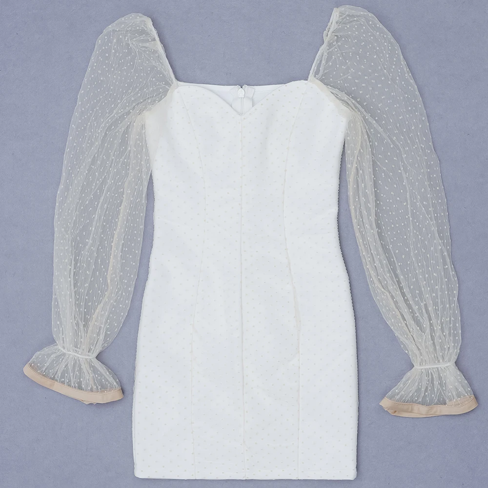 

2020 Newest Fashion Sexy Women Beige v neck Long Sleeve Mesh Lace Vestido Celebrity Evening Party Bodycon Bandage Dress