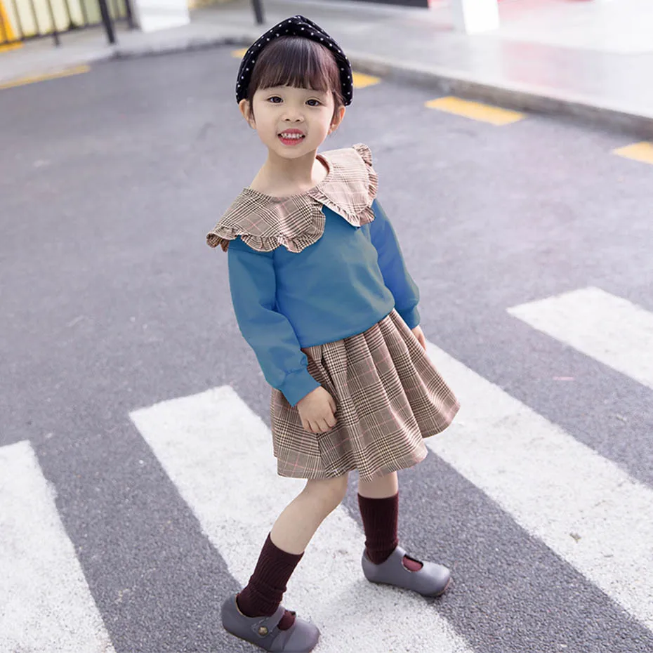 Girls Clothes Plaid Skirt + Sweatshirt Suits For Peter Pan Collar Set Autumn Fashion Suit Baby | Детская одежда и обувь