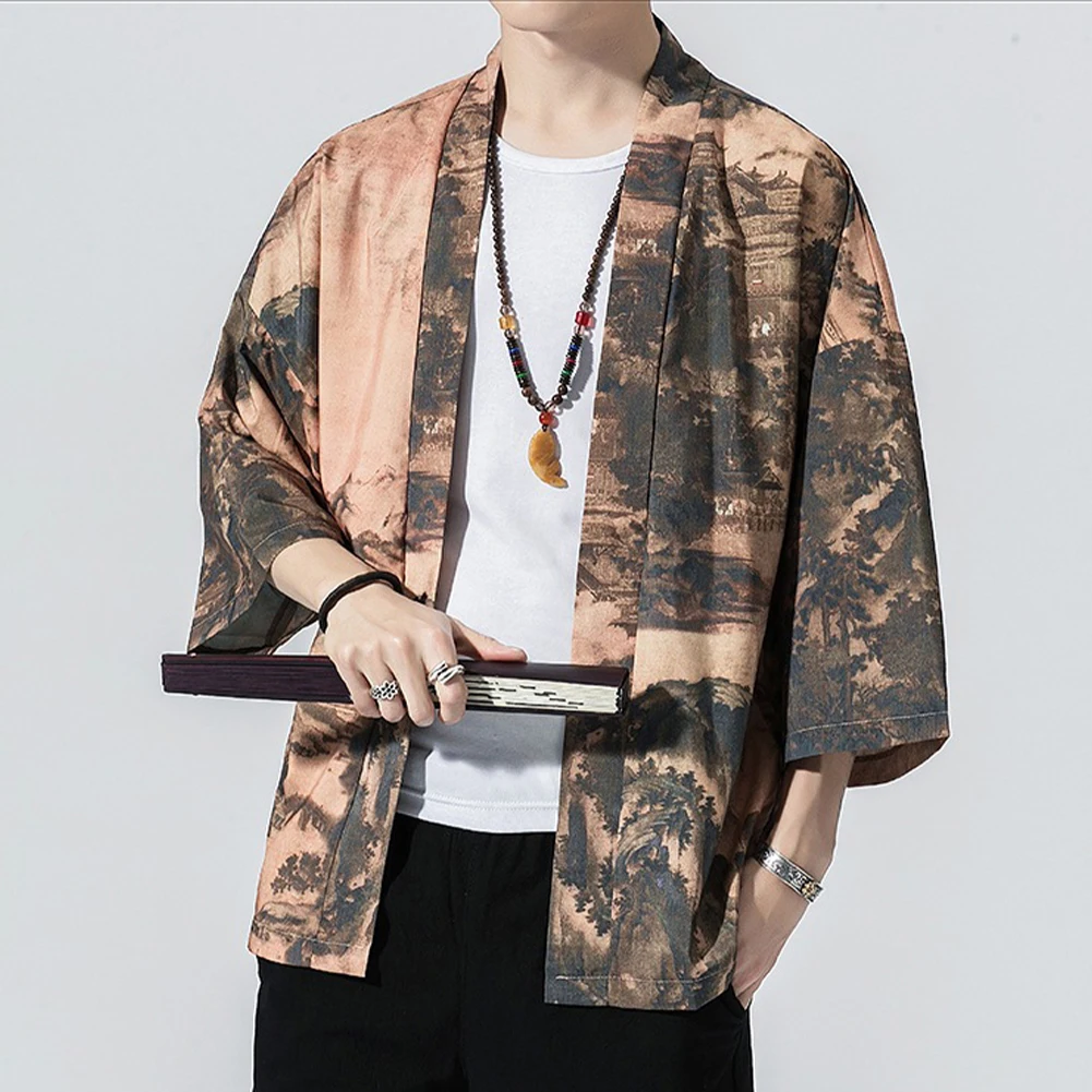 

2021 Japanese Kimono Cardigan Men Loose Open Front Printed Jacket Long Sleeves Yukata Cosplay Shirt Summer Beach Kimono