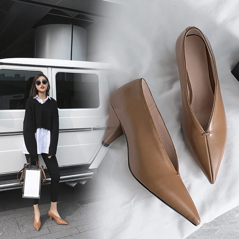 

Hot VANGULL Women Genuine Leather Shoes Cow Leather Sheep Suede Spike Heels Pointed Toe Women Pumps Professional Office Career