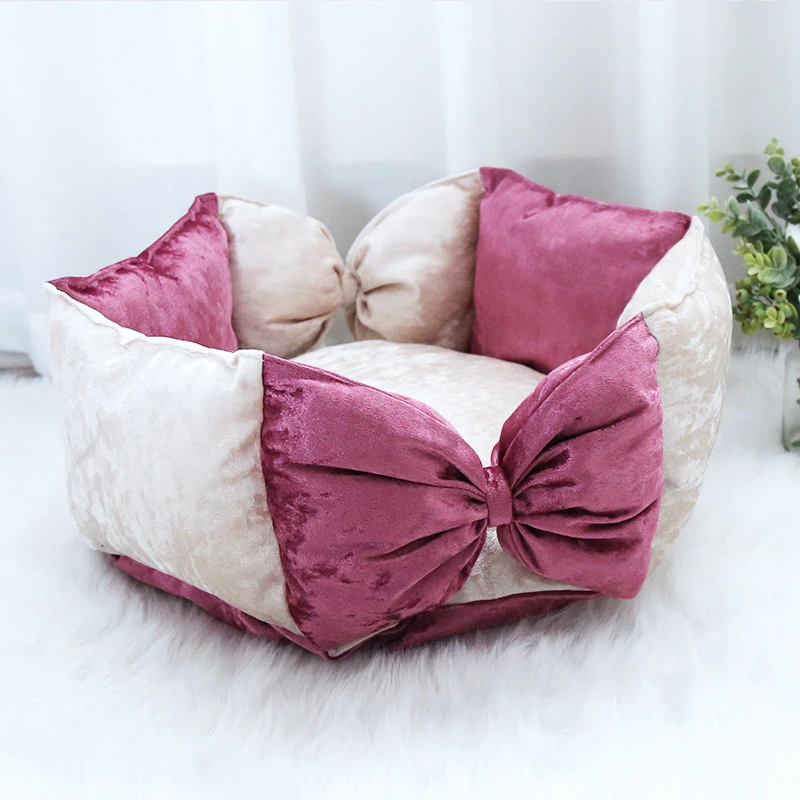

Pet Cat Sofa Bed Shining Plush Velvet Cute Bowknot Princess Style Nest Soft Warm House For Small Dogs Kitten Mat Cat Supplies