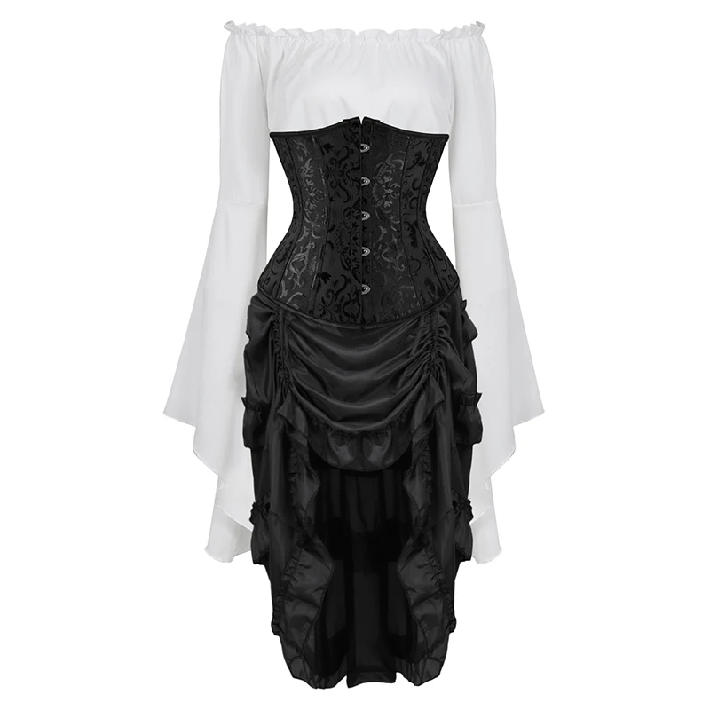Steampunk Corset Dress Plus Size Underbust Corset  Drawstring Skirt Medieval Blouse Long Sleeve Pirate Corset Dress set 3 psc