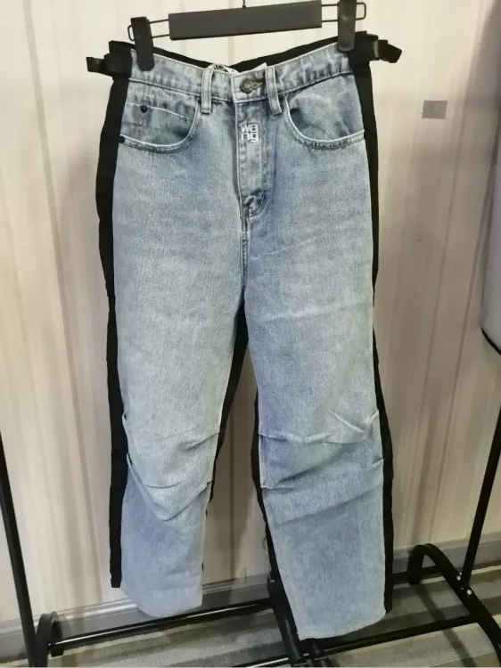 

AAW146 New In Spring Summer Patchwork Pleats High Waist Sports Casual Loose Jeans for Women Distressed Jeans A2