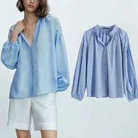 elmsk blusas mujer de moda 2021 england high street vintage pleated loose v neck casual blouse women fashion shirt women tops