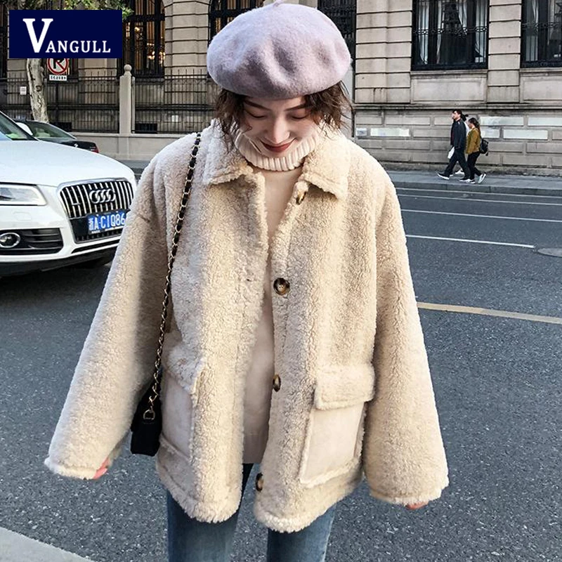 Vangull женские куртки из овечьего меха зимние толстые теплые женские пальто из овечьего меха Осенняя Мода Новые Длинные рукава однотонная свободная элегантная верхняя одежда