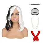 Парик для косплея Cruella De Vil Kuila, черные, белые короткие вьющиеся волосы для костюмированной вечерние НКИ на Хэллоуин, парики для изготовления париков данганронпа