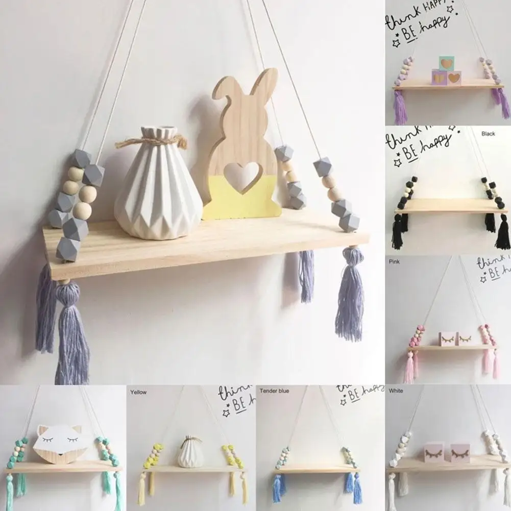 

Macaron Octagonal Beads Tassel Rack Made Of Wood Wax Rope 38*14cm Hanging Storage Shelf Home Decor Decorate Your Wall