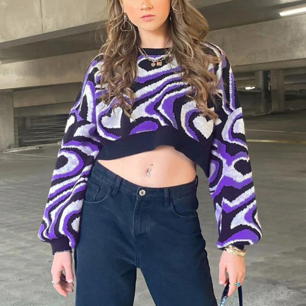 

Pullover Y2k Sweater Kawaii Long-Sleeved Lantern Sleeves Knitted Purple Heart Printing Retro Korean Version New Women's Winter