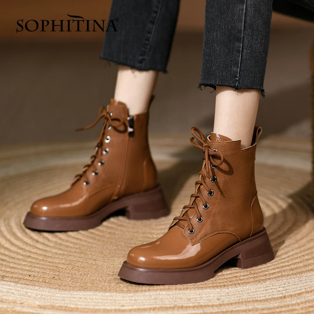 

SOPHITINA Genuine Leather Shoes Women Boots Cross Strap Stitching Leather Round Toe Sewing Autumn Wild Casual Ankle Boots HO444