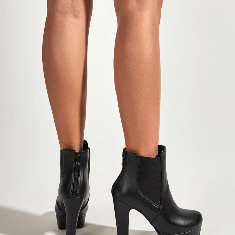 

SIMLOVEYO Women Sexy Ankle Boots Round Toe 12cm Square Heels Zip Classic INS Platform Big Size 35-43 Club Spring Autumn C2220