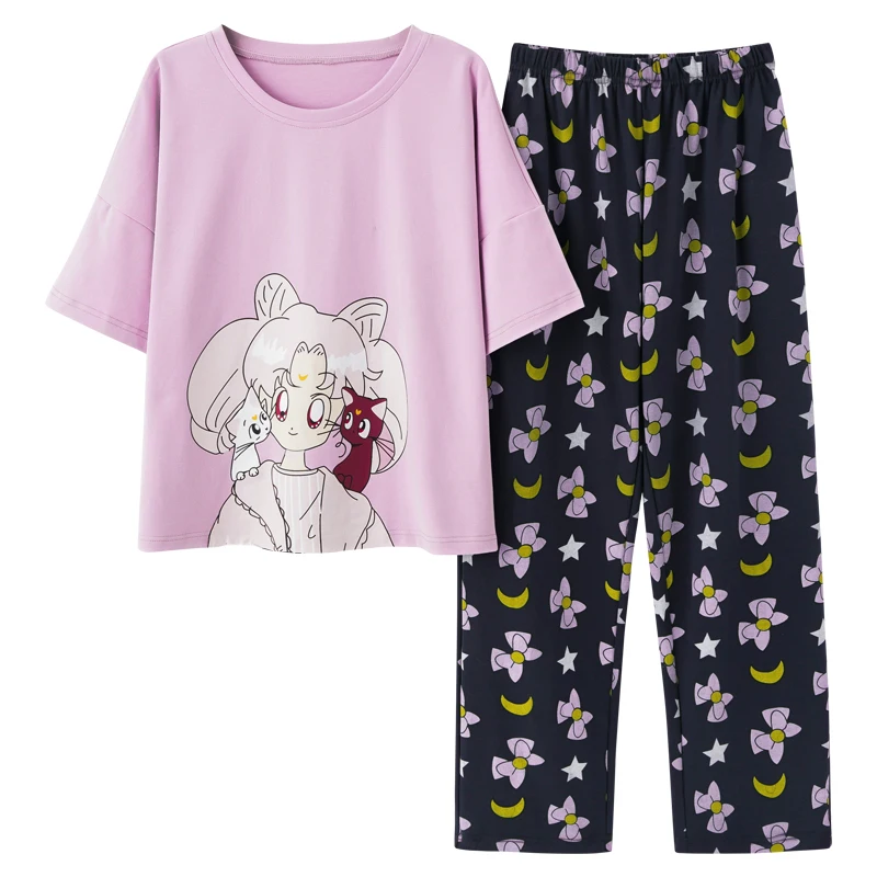 

Cute Cartoon Sailor Moon Pijama Women Cotton Pajama Set Short Sleeve Sleepwear Purple Pyjamas Summer Home Clothes Nightuit
