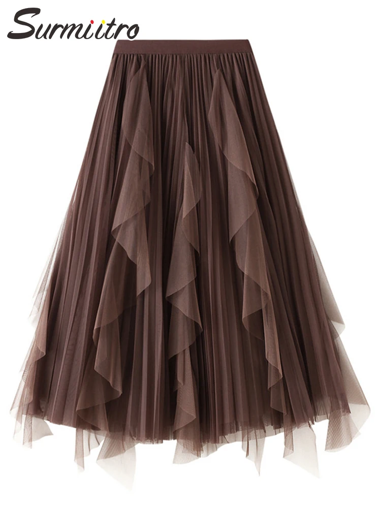 

SURMIITRO 2022 летняя корейская мода 3 слоя средней длины длинная фатиновая юбка женская элегантная плиссированная юбка трапециевидной формы с об...