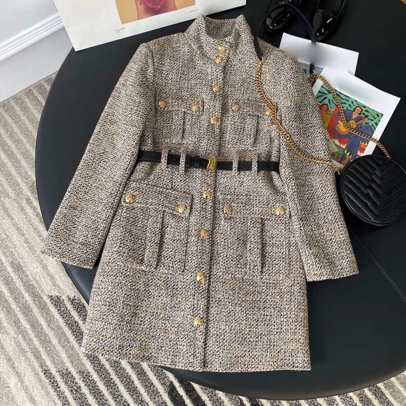 Winter 11.4 New Autumn Fashion Stand Collar Gold Button Decoration Tweed Wool Blend Temperament Vintage With Belt Dress