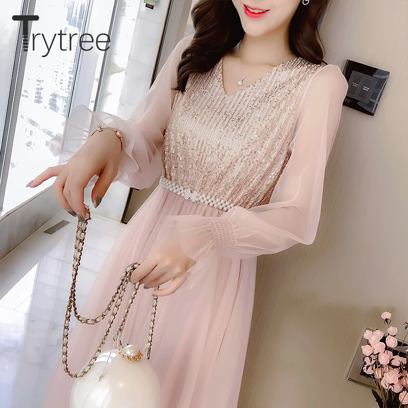 Trytree 2020 весеннее женское Повседневное платье с v образным вырезом расклешенными