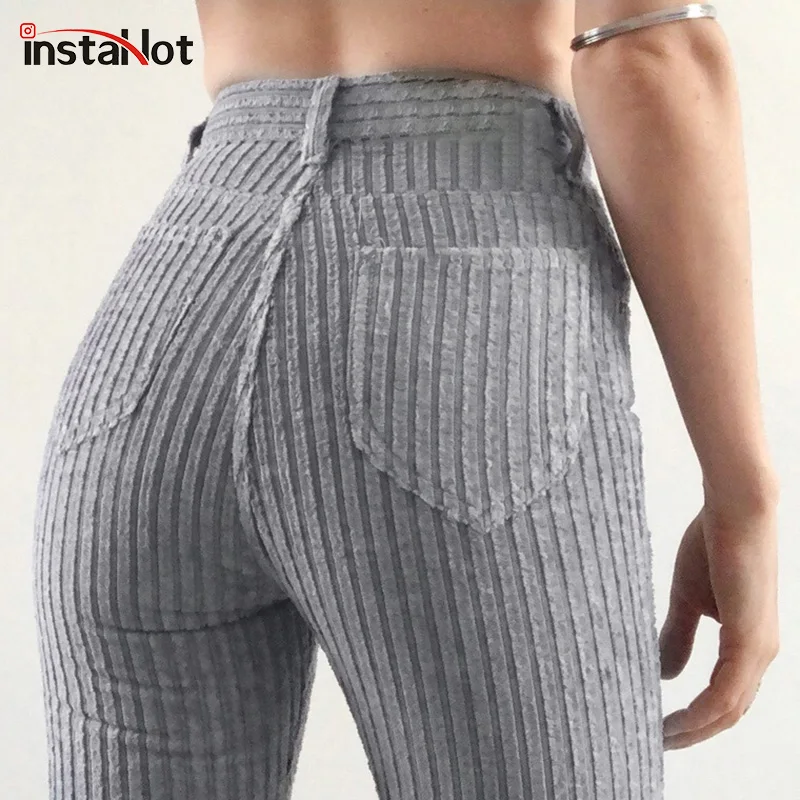 

Женские вельветовые брюки-карандаш InstaHot, повседневные обтягивающие брюки в полоску, винтажные однотонные брюки для осени 2020