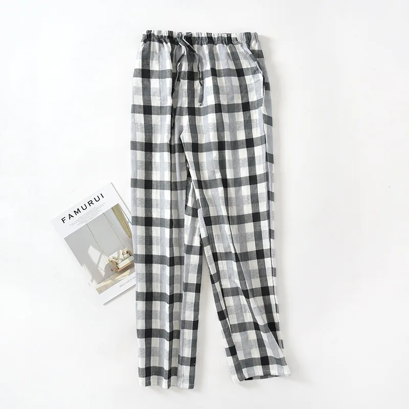 Women Cotton Gauze Pajama Sleepwear Pants Leisure Plaid Men Sleep Long Pants Drawstring Sleep Bottoms Casual Homewear Trousers