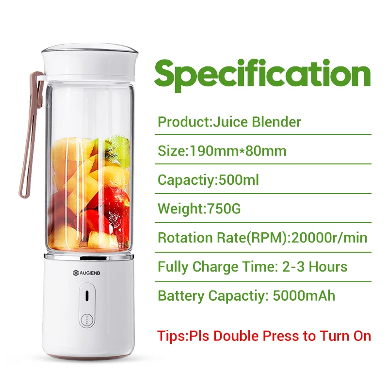 

AUGIENB 500ml Hand Held Portable Usb Rechargeable Six Blades Glass Juicer Cup Mixer Meat Mincing Ice Crushing For Home Travel