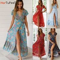 womens sexy v neck short sleeve split floral printed summer holiday boho maxi dress long beach dress with belt party wear