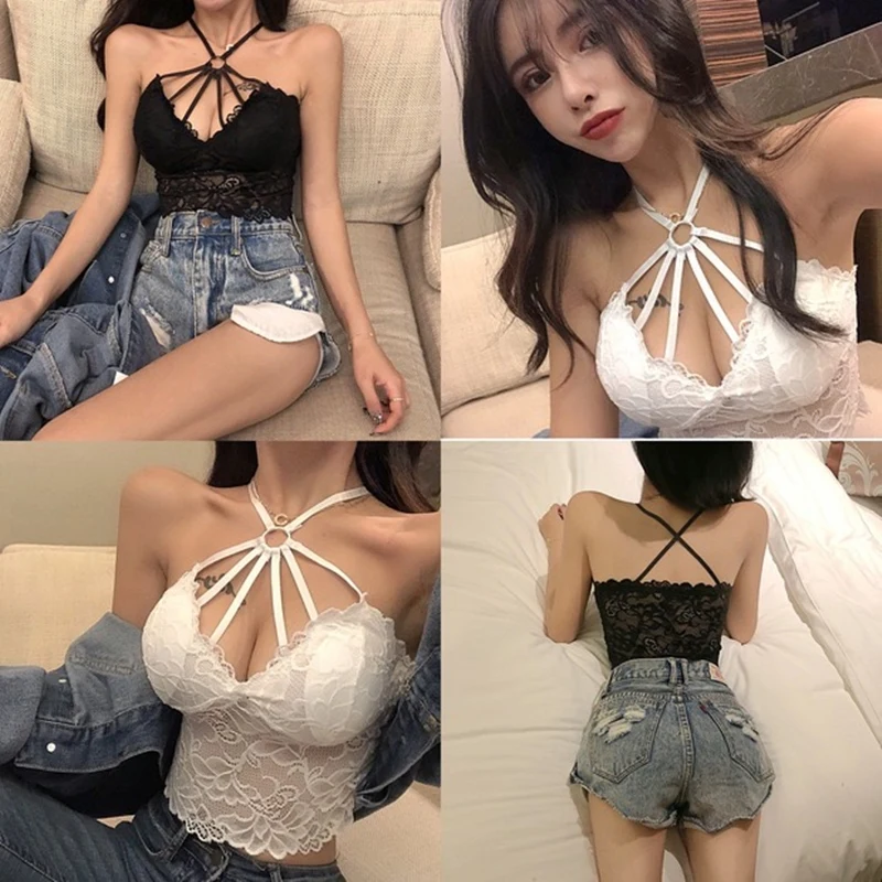 

Summer v-neck low-cut halter vest short sexy lace vest nightclub party ins women's black and white inner vest