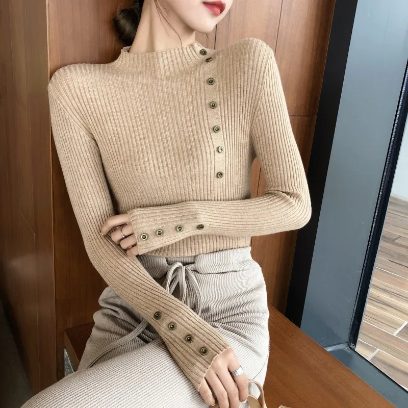 

Women Elegant New Style Fashion Design Neck Long Sleeve Knit Sweater Turtleneck Sweater Bottoming Shirt Slim Long-Sleeved W2